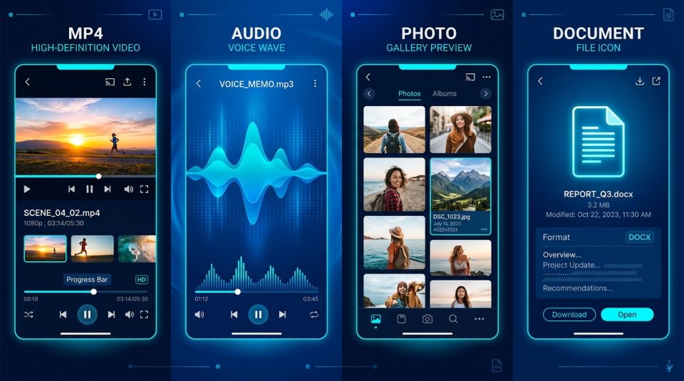 Supported Telegram media types including MP4 video, audio, photos, and documents