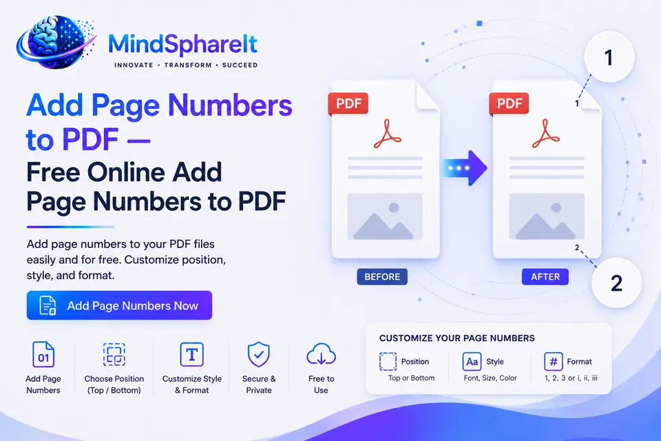 Screenshot of the free Add Page Numbers to PDF tool on ToolSphare