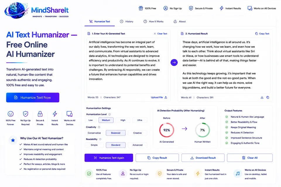 ToolSphare 上免费的 AI文本人性化 工具的屏幕截图