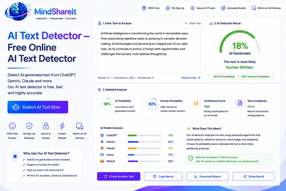 Captura de pantalla de la herramienta gratuita Detector de texto AI en ToolSphare