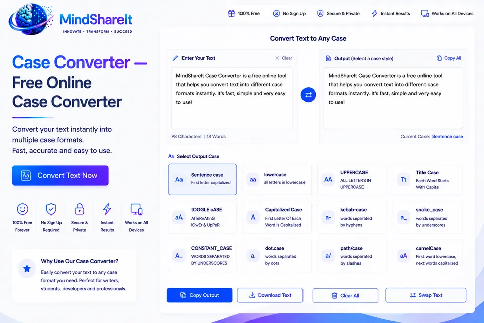 Capture d'écran de l'outil gratuit Convertisseur de cas sur ToolSphare