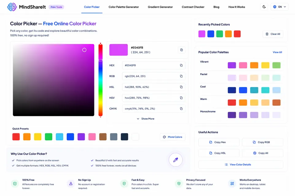 Screenshot of the free Color Picker tool on ToolSphare