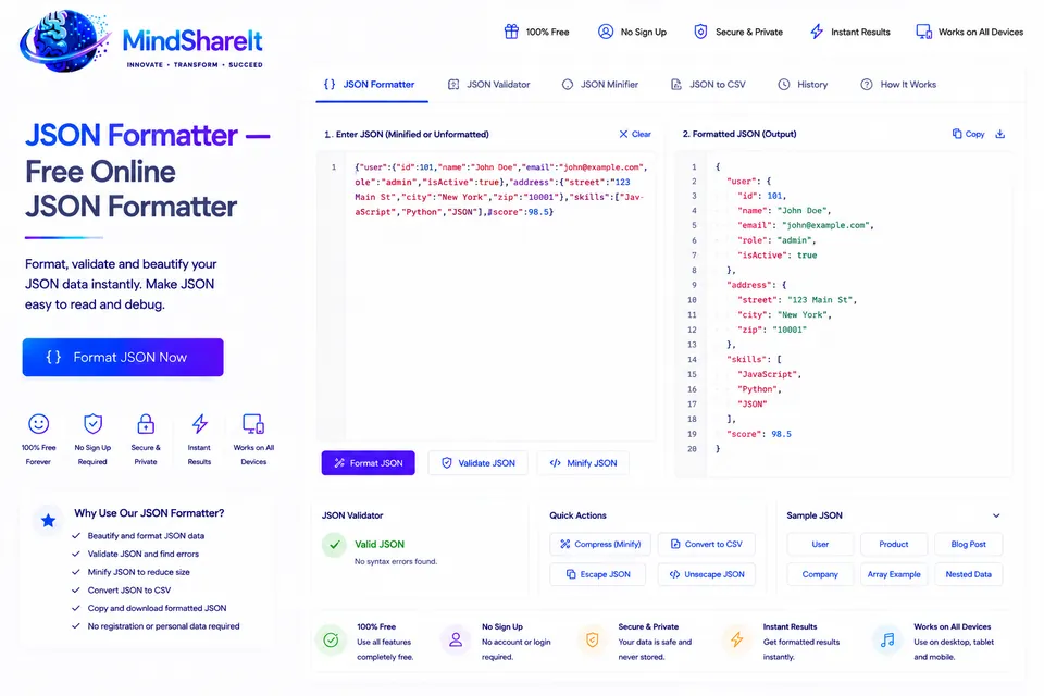 Screenshot of the free JSON Formatter tool on ToolSphare