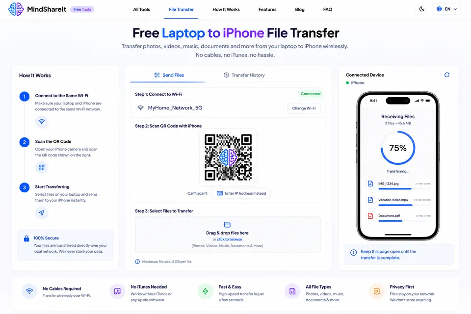 Screenshot des kostenlosen Dateiübertragung vom Laptop zum iPhone-Tools auf ToolSphare