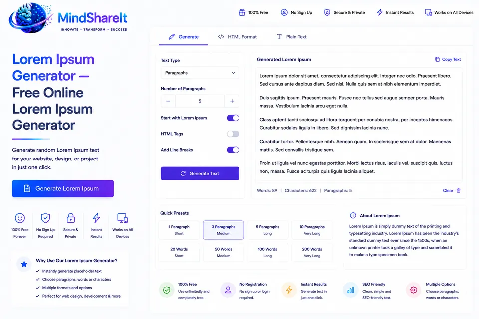 ToolSphare-এ বিনামূল্যের Lorem Ipsum জেনারেটর টুলের স্ক্রিনশট