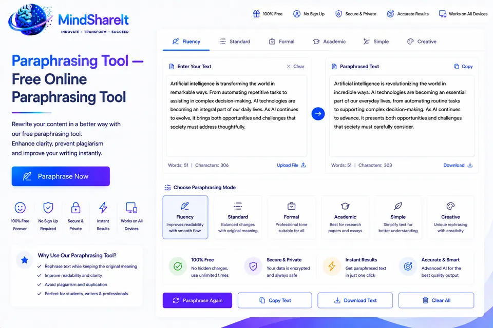Screenshot des kostenlosen Paraphrasierungstool-Tools auf ToolSphare