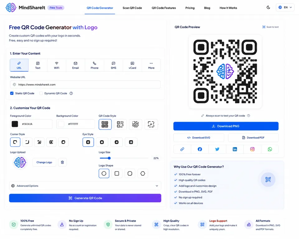 Screenshot of the free QR Code Generator tool on ToolSphare