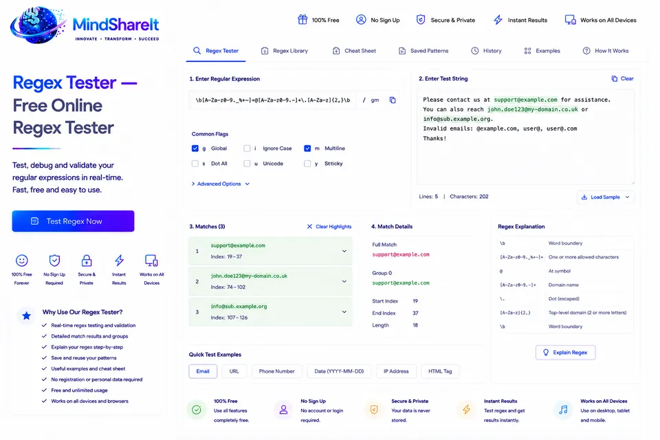 ToolSphare 上免费的 正则表达式测试器 工具的屏幕截图