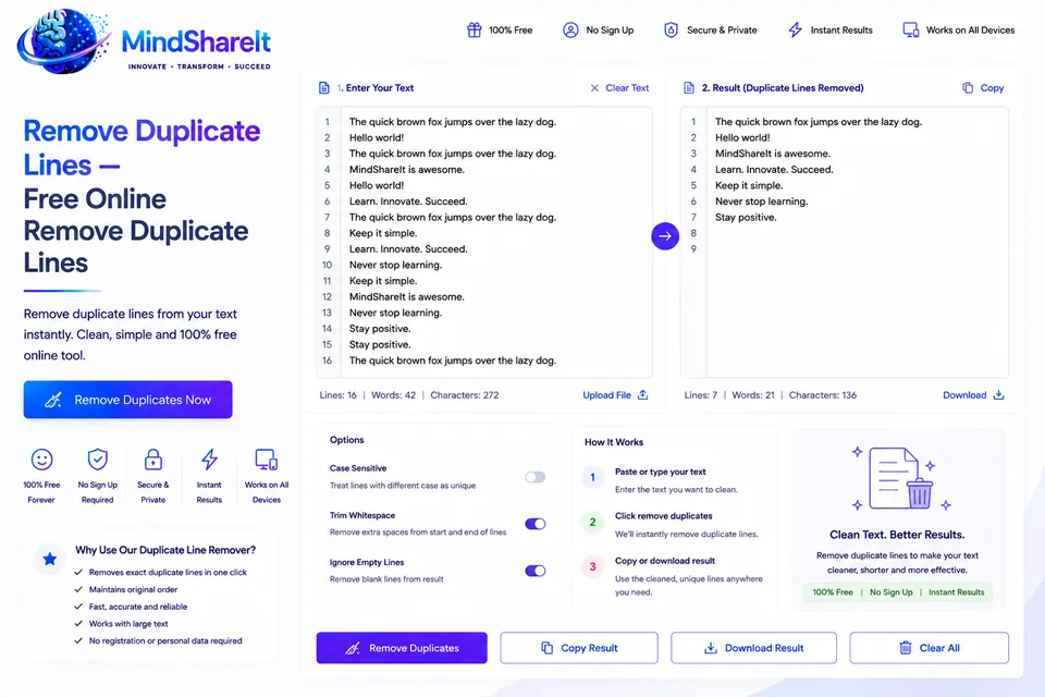 Screenshot of the free Remove Duplicate Lines tool on ToolSphare