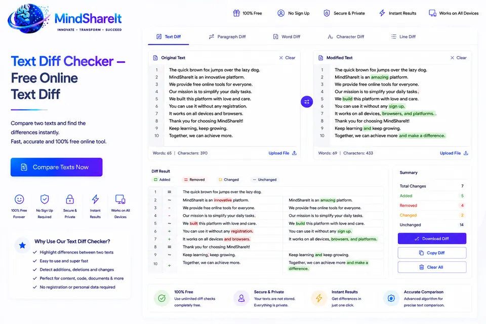 Screenshot of the free Text Diff Checker tool on ToolSphare