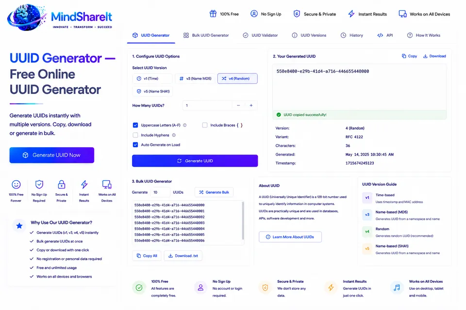 Tangkapan layar alat Pembuat UUID gratis di ToolSphare