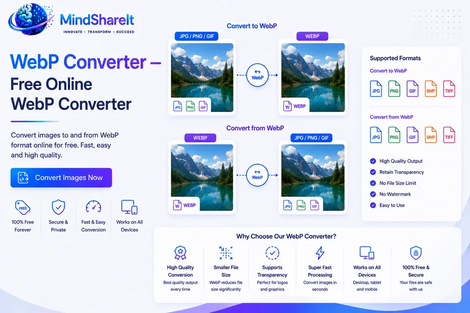 ToolSphare پر مفت WebP کنورٹر ٹول کا اسکرین شاٹ