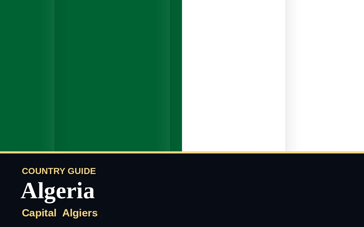 Original Algeria country guide poster with capital Algiers, Independence Day on Monday, 5 July 2027, colours green and white