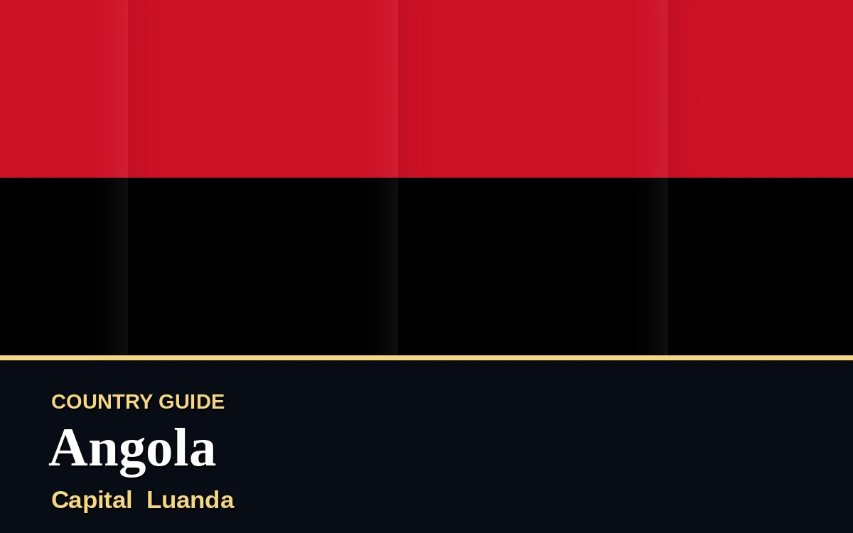 Original Angola country guide poster with capital Luanda, Independence Day on Wednesday, 11 November 2026, colours red and gold