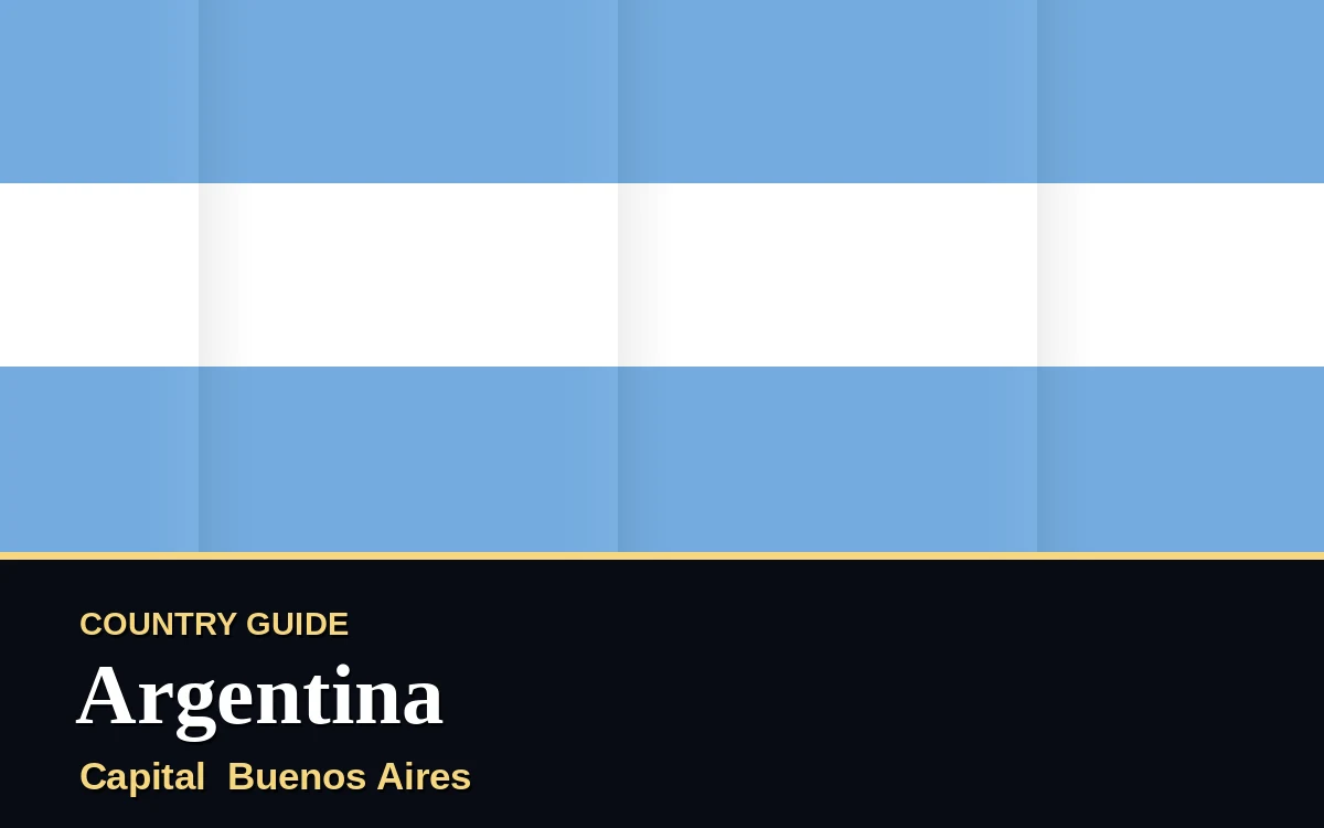 Original Argentina country guide poster with capital Buenos Aires, Independence Day on Friday, 9 July 2027, colours light blue and gold