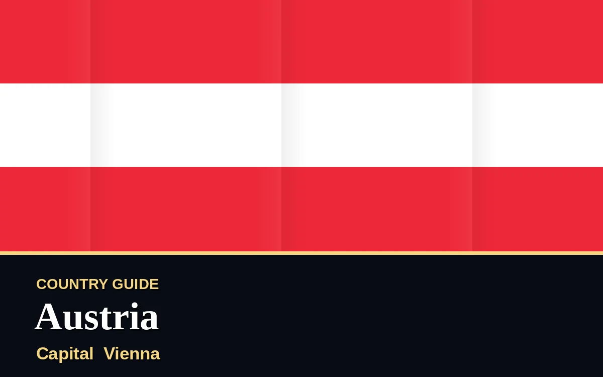 Original Austria country guide poster with capital Vienna, National Day on Monday, 26 October 2026, colours red and gold
