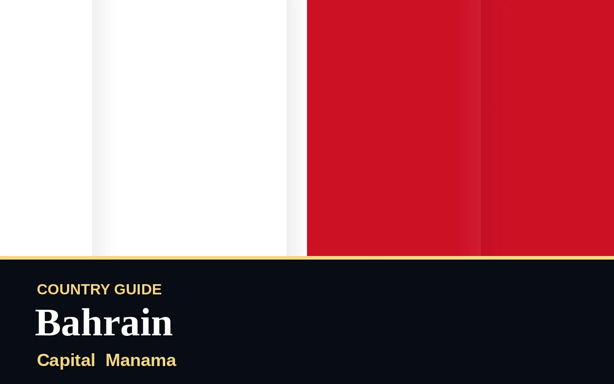Original Bahrain country guide poster with capital Manama, National Day on Wednesday, 16 December 2026, colours red and white
