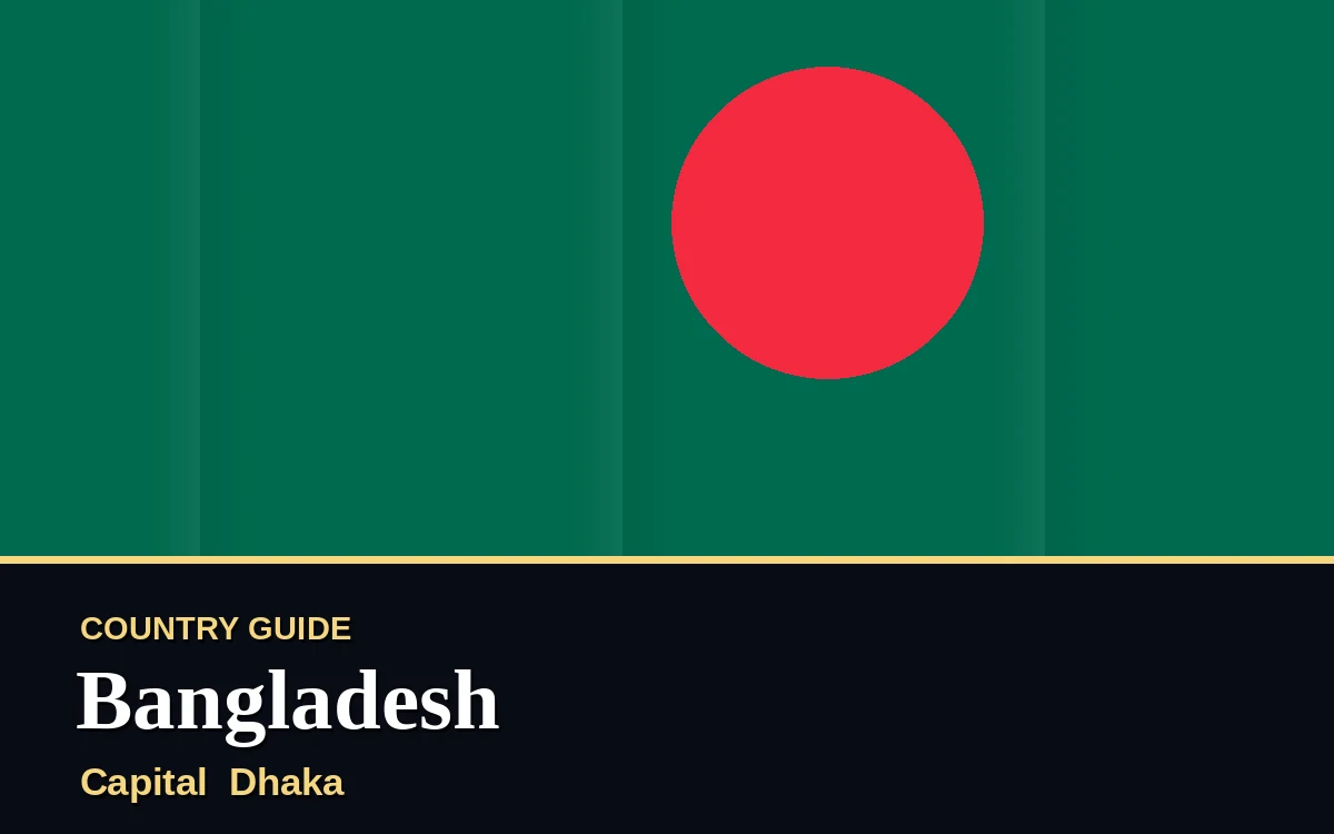 Original Bangladesh country guide poster with capital Dhaka, Independence Day on Friday, 26 March 2027, colours green and gold