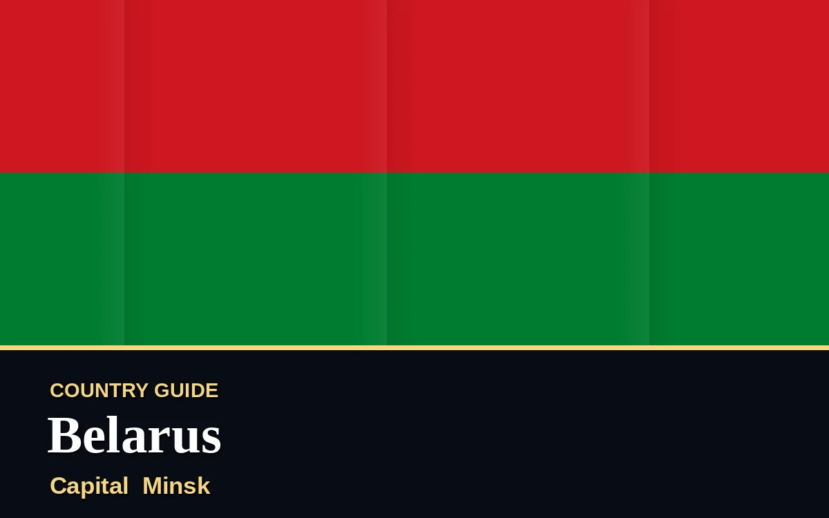 Original Belarus country guide poster with capital Minsk, Independence Day on Saturday, 3 July 2027, colours red and green