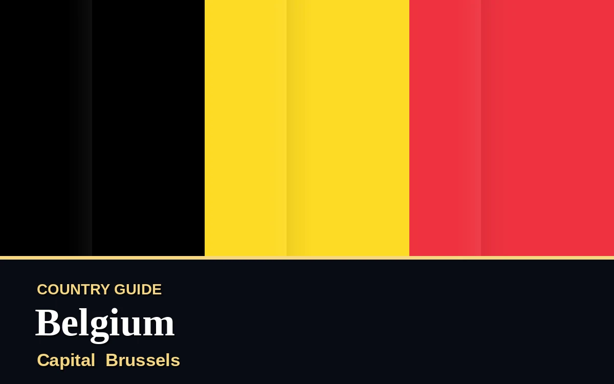 Original Belgium country guide poster with capital Brussels, National Day on Wednesday, 21 July 2027, colours black, yellow and red