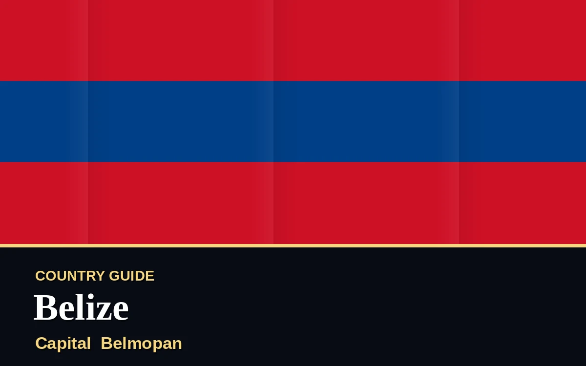 Original Belize country guide poster with capital Belmopan, Independence Day on Tuesday, 21 September 2027, colours blue and gold