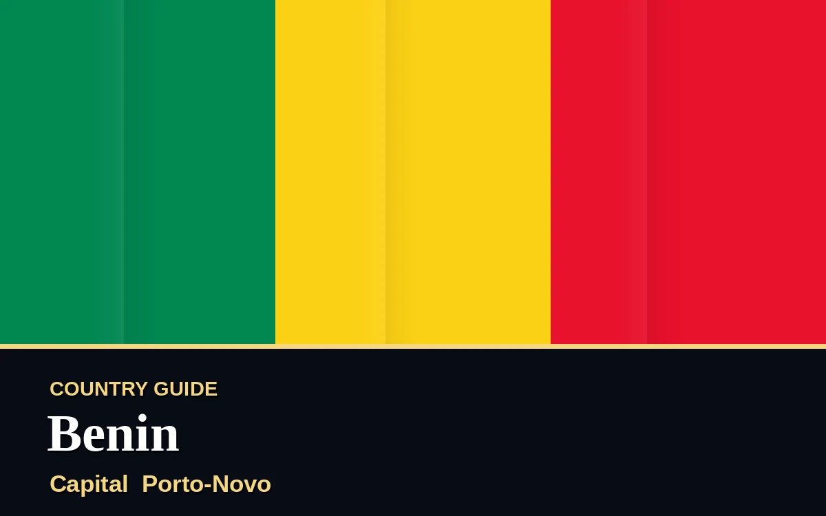 Original Benin country guide poster with capital Porto-Novo, Independence Day on Sunday, 1 August 2027, colours green and gold