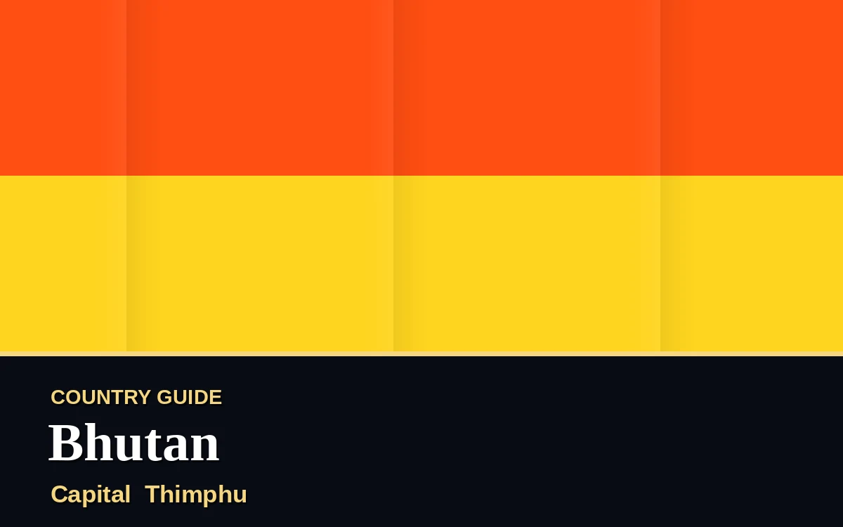 Original Bhutan country guide poster with capital Thimphu, National Day on Thursday, 17 December 2026, colours orange and gold