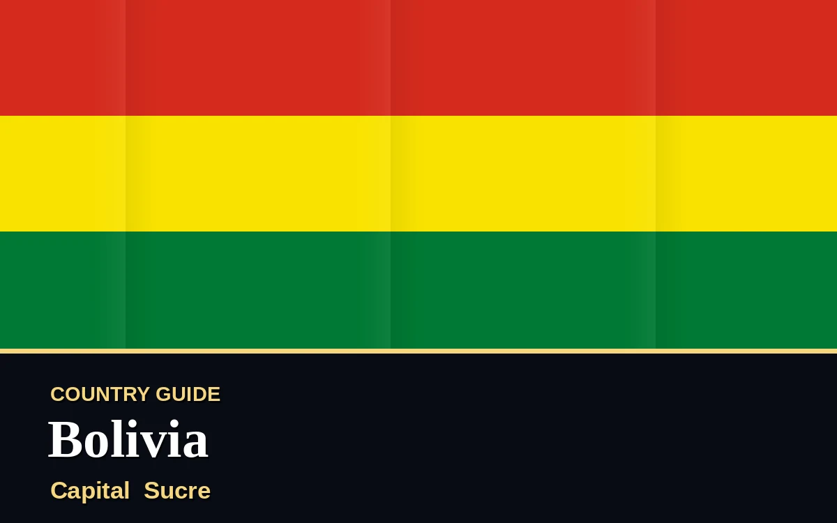 Original Bolivia country guide poster with capital Sucre, Independence Day on Friday, 6 August 2027, colours red and gold