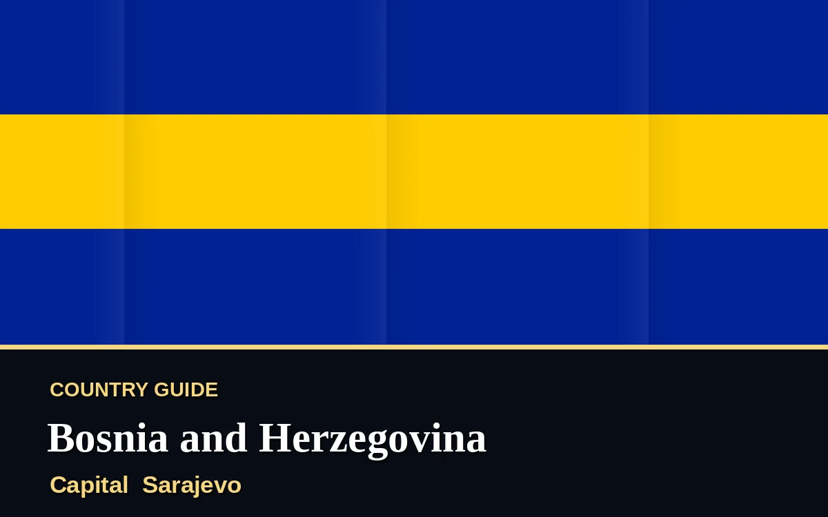 Original Bosnia and Herzegovina country guide poster with capital Sarajevo, Independence Day on Monday, 1 March 2027, colours blue and gold