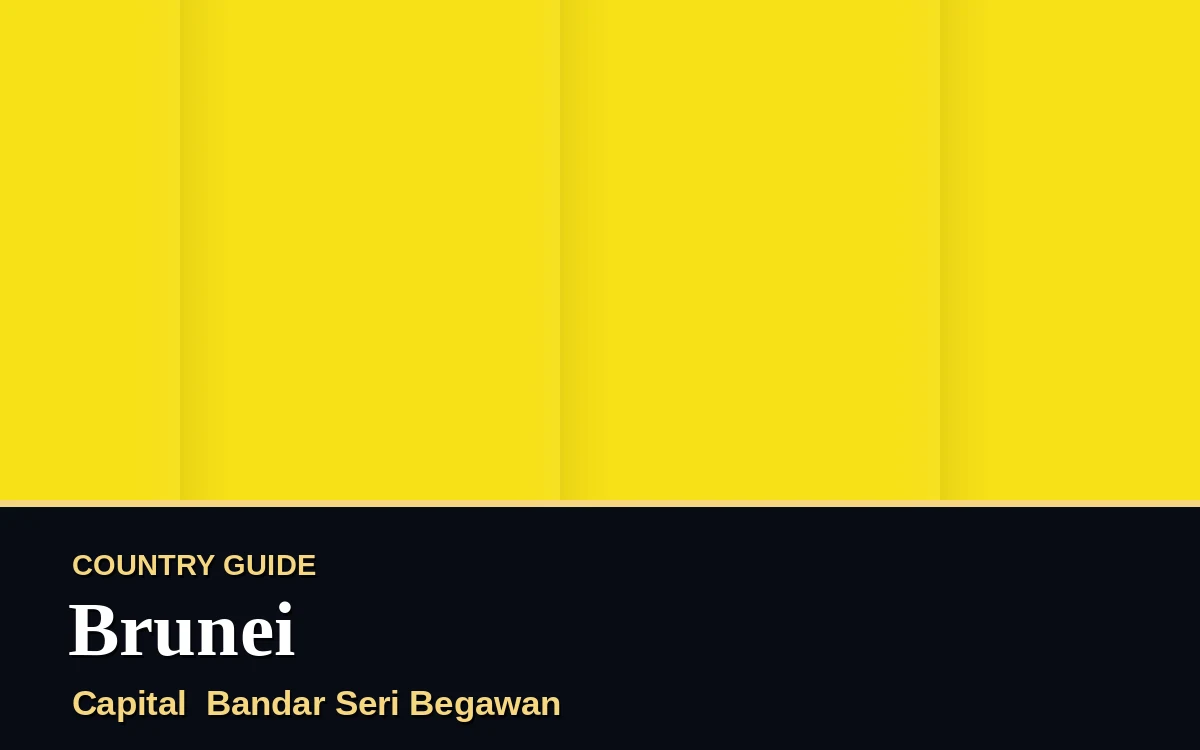 Original Brunei country guide poster with capital Bandar Seri Begawan, National Day on Tuesday, 23 February 2027, colours yellow and green