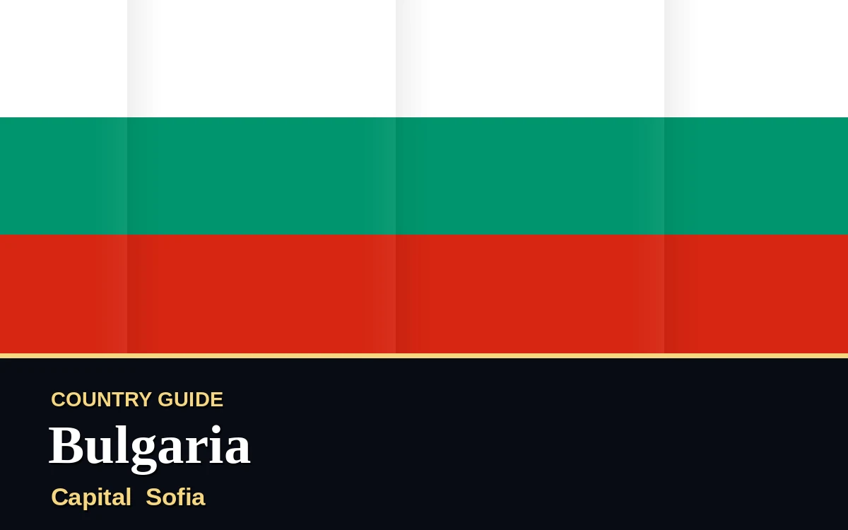 Original Bulgaria country guide poster with capital Sofia, Liberation Day on Wednesday, 3 March 2027, colours white, green and red