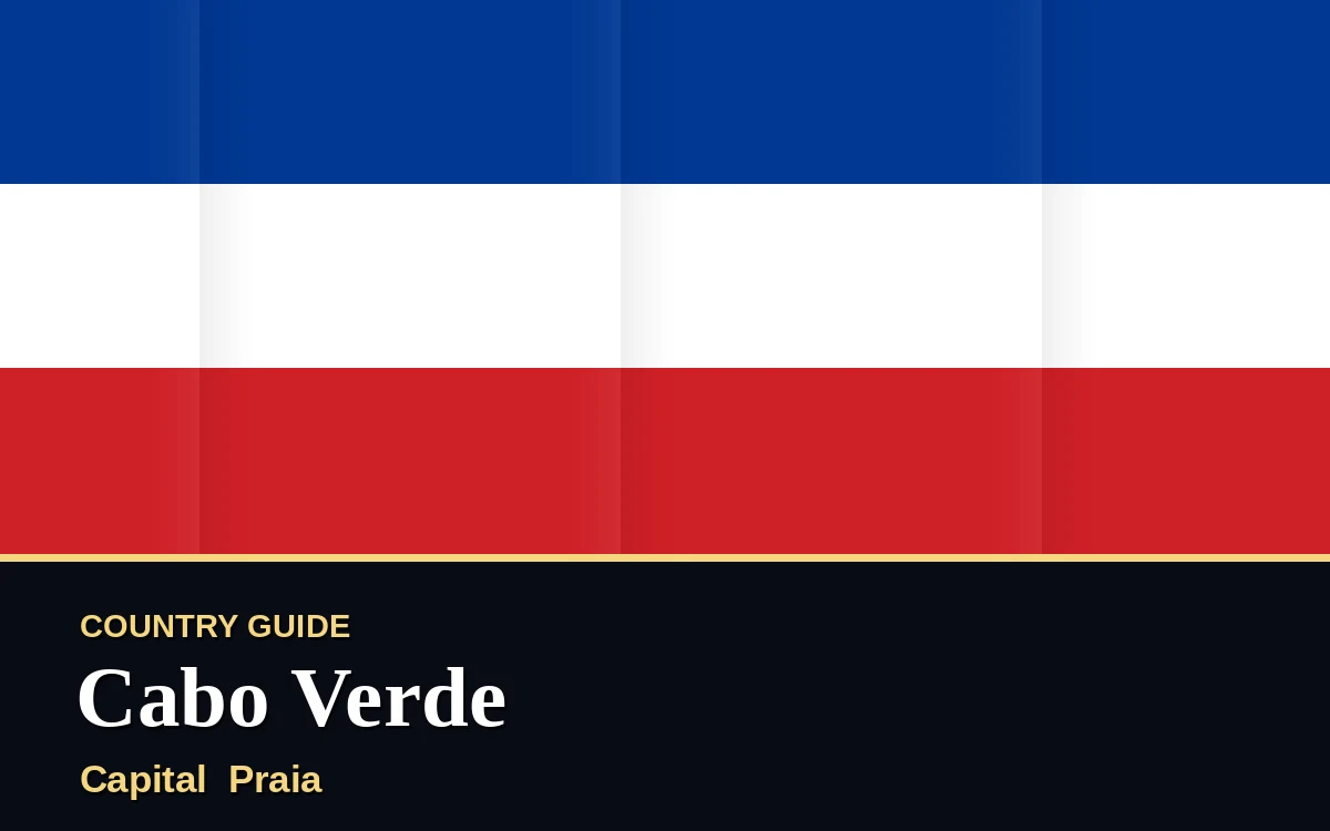 Original Cabo Verde country guide poster with capital Praia, Independence Day on Monday, 5 July 2027, colours blue and gold