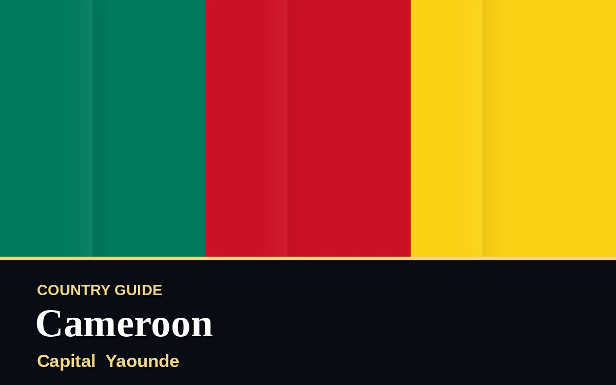 Original Cameroon country guide poster with capital Yaounde, National Day on Thursday, 20 May 2027, colours green and gold