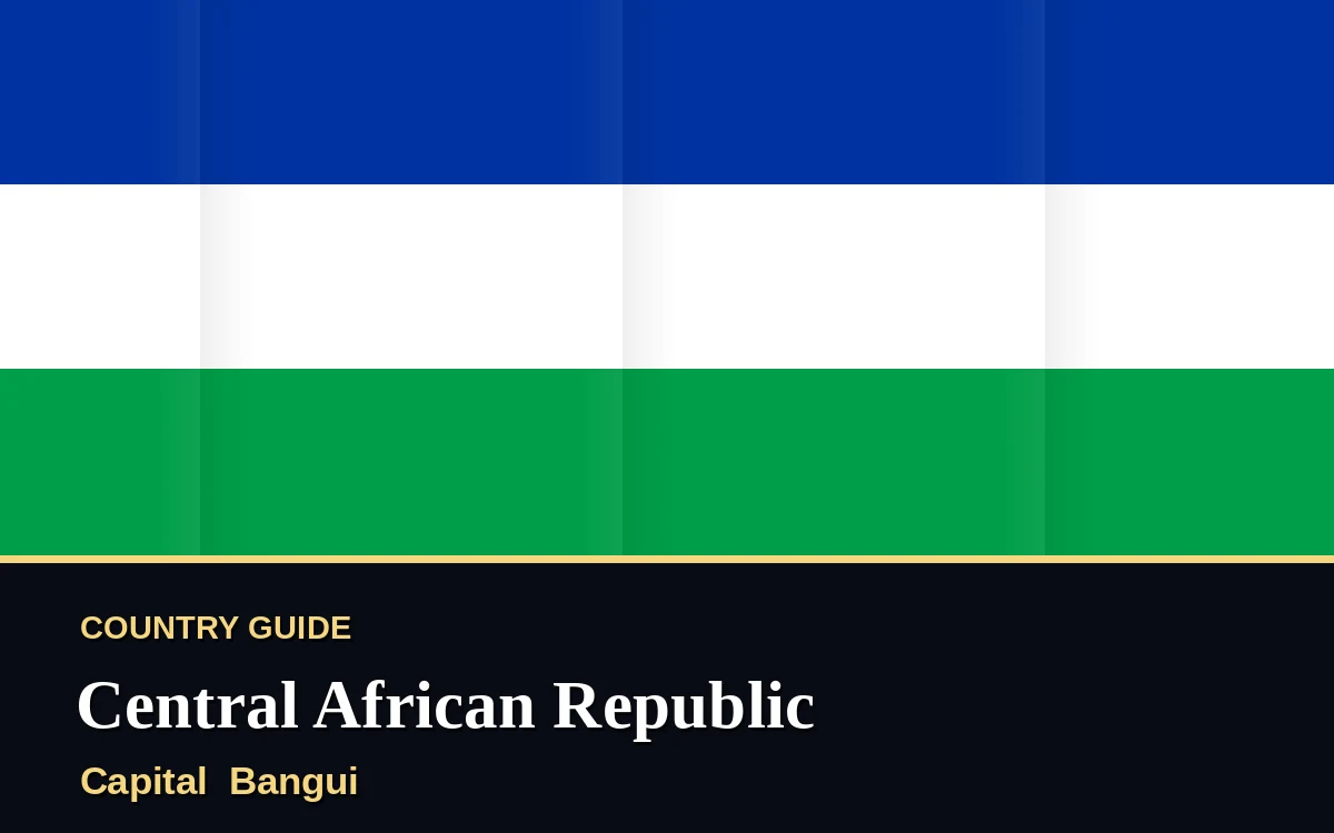 Original Central African Republic country guide poster with capital Bangui, Independence Day on Friday, 13 August 2027, colours blue and gold