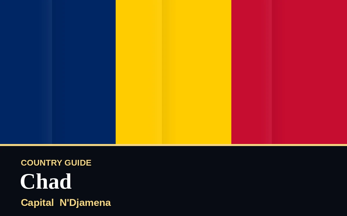Original Chad country guide poster with capital N'Djamena, Independence Day on Wednesday, 11 August 2027, colours blue and gold
