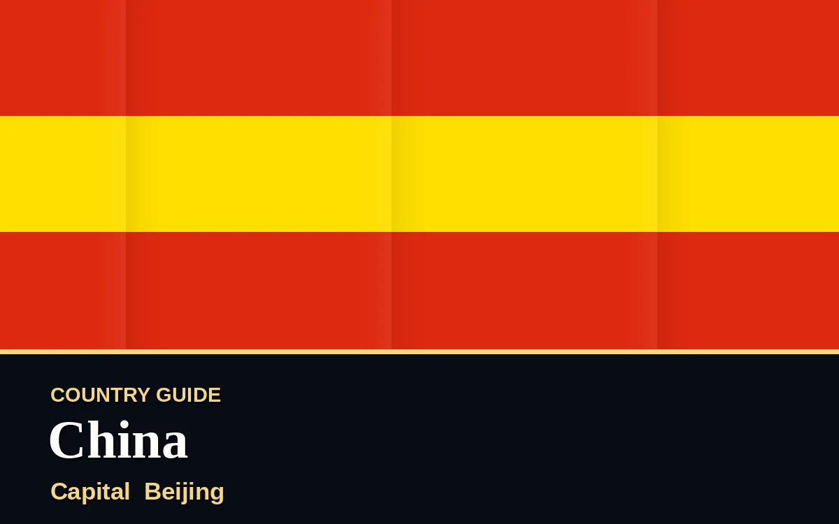 Original China country guide poster with capital Beijing, National Day on Friday, 1 October 2027, colours red and gold