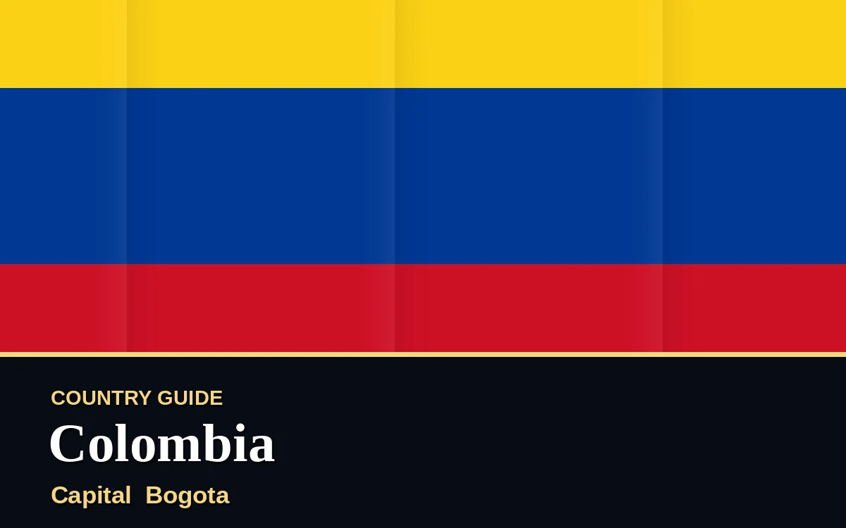 Original Colombia country guide poster with capital Bogota, Independence Day on Tuesday, 20 July 2027, colours yellow and blue