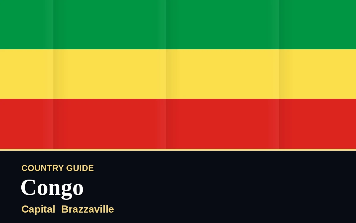 Original Congo country guide poster with capital Brazzaville, Independence Day on Sunday, 15 August 2027, colours green and gold