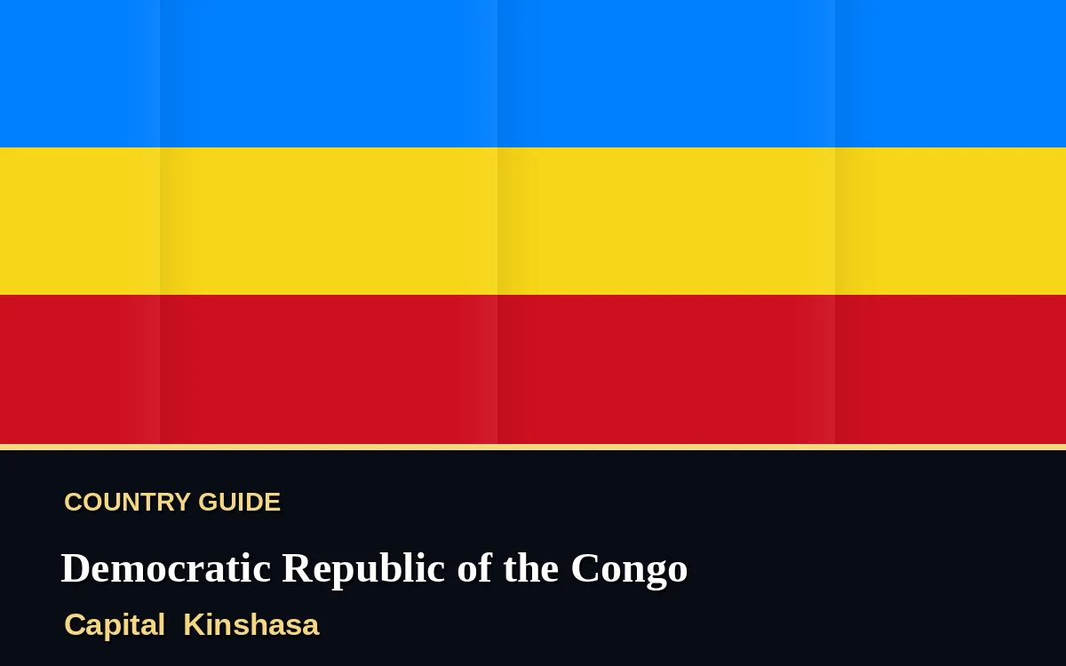Original Democratic Republic of the Congo country guide poster with capital Kinshasa, Independence Day on Wednesday, 30 June 2027, colours blue and gold