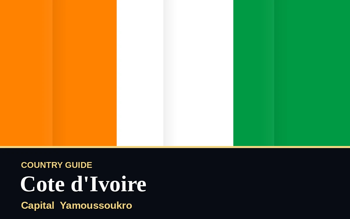 Original Cote d'Ivoire country guide poster with capital Yamoussoukro, Independence Day on Saturday, 7 August 2027, colours orange and green