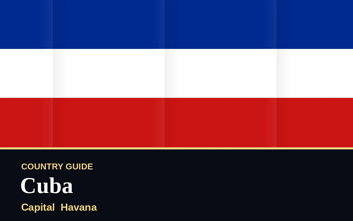 Original Cuba country guide poster with capital Havana, Independence Day on Thursday, 20 May 2027, colours red and blue