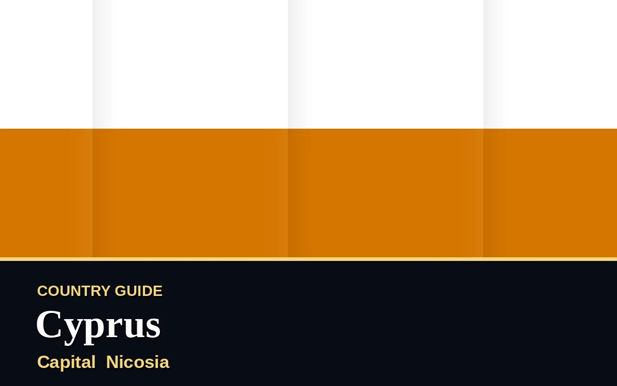 Original Cyprus country guide poster with capital Nicosia, Independence Day on Friday, 1 October 2027, colours white and copper