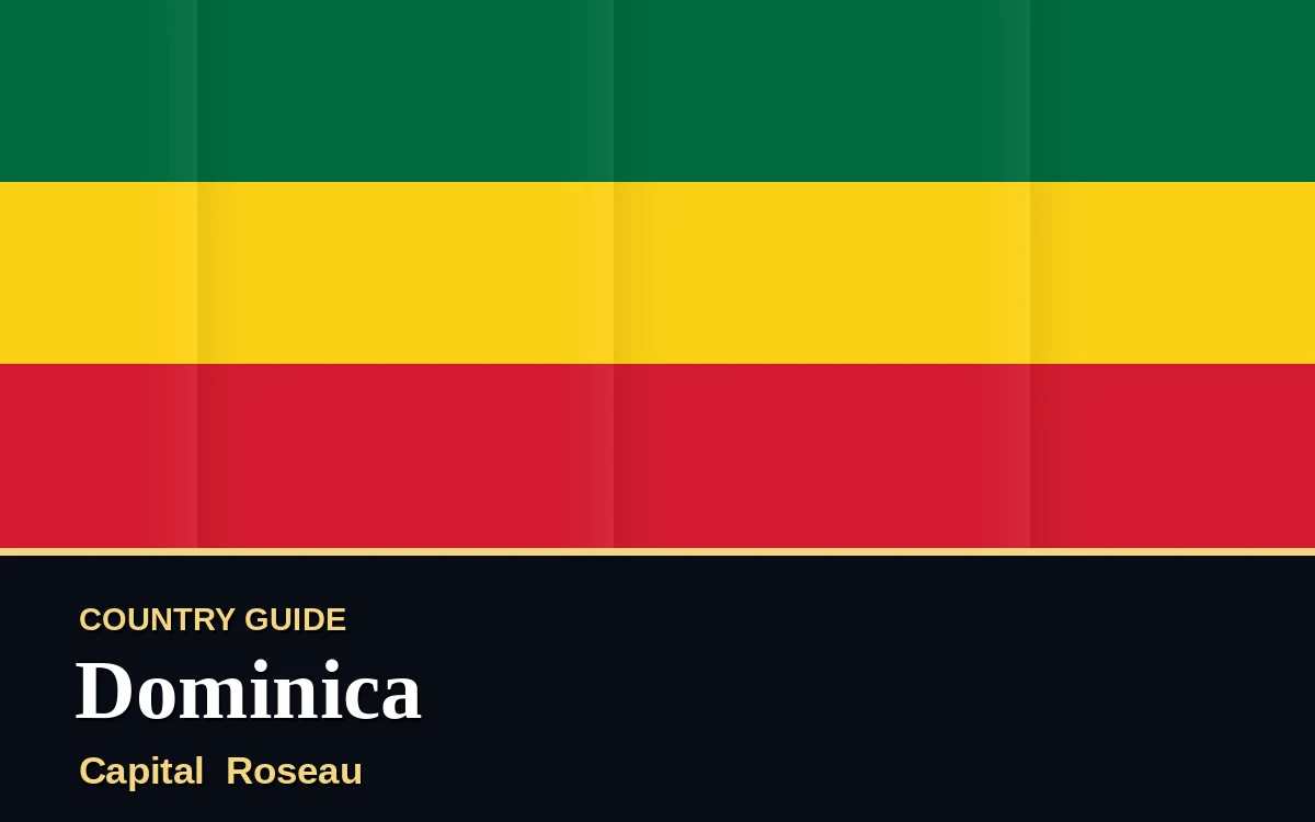 Original Dominica country guide poster with capital Roseau, Independence Day on Tuesday, 3 November 2026, colours green and gold