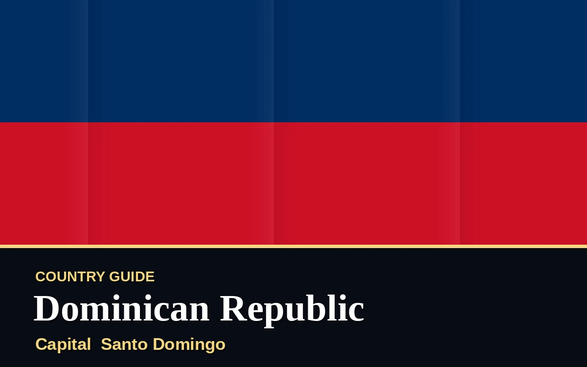 Original Dominican Republic country guide poster with capital Santo Domingo, Independence Day on Saturday, 27 February 2027, colours blue and red