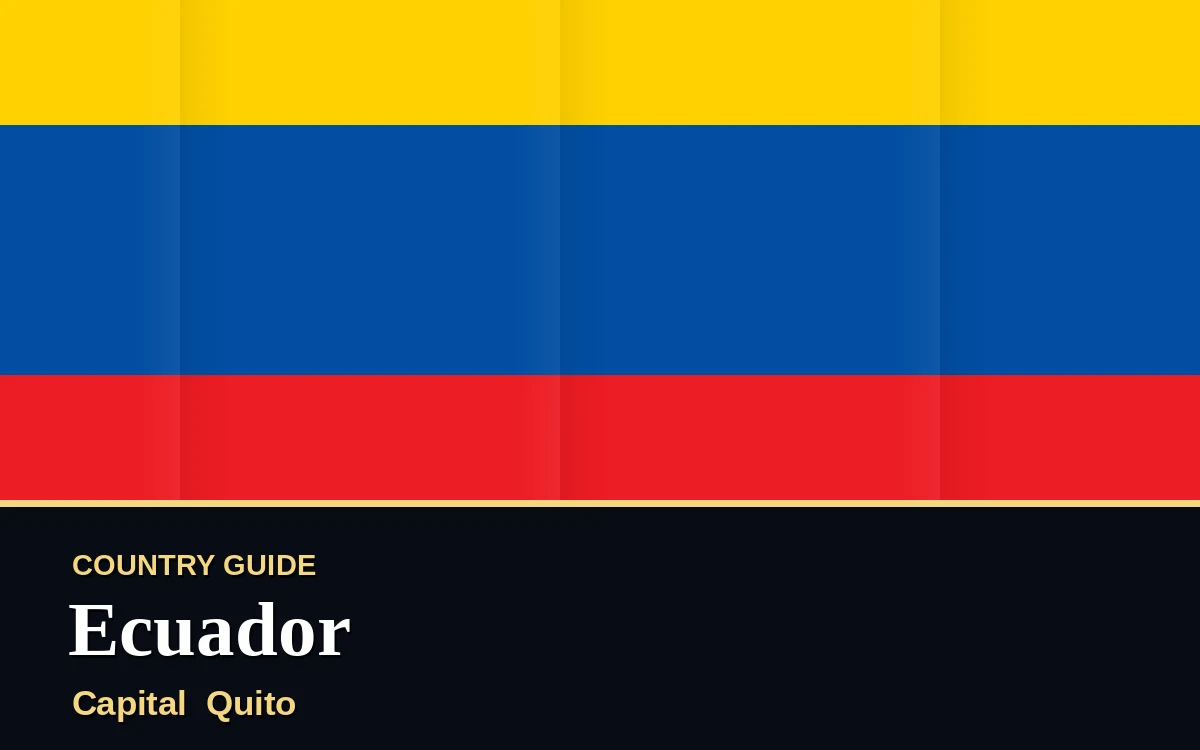 Original Ecuador country guide poster with capital Quito, Independence Day on Tuesday, 10 August 2027, colours yellow and blue