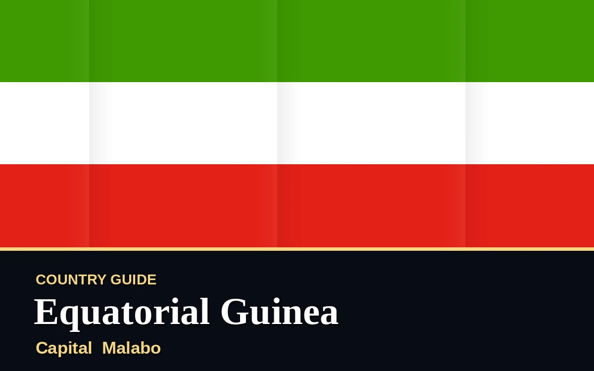 Original Equatorial Guinea country guide poster with capital Malabo, Independence Day on Monday, 12 October 2026, colours green and gold
