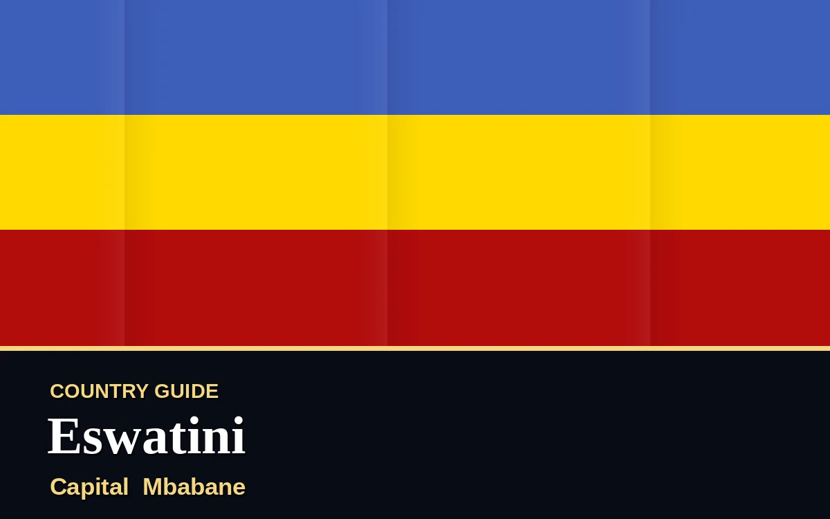 Original Eswatini country guide poster with capital Mbabane, Independence Day on Monday, 6 September 2027, colours blue and gold