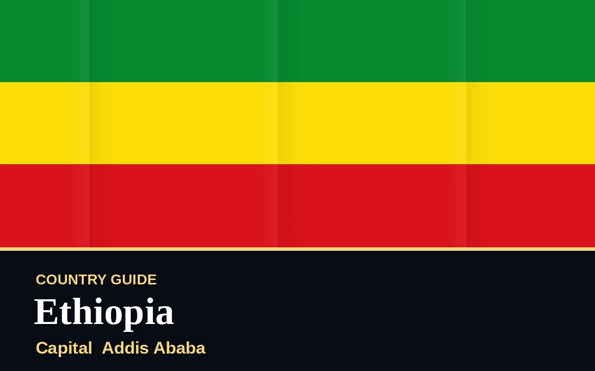 Original Ethiopia country guide poster with capital Addis Ababa, National Day on Friday, 28 May 2027, colours green, gold and red