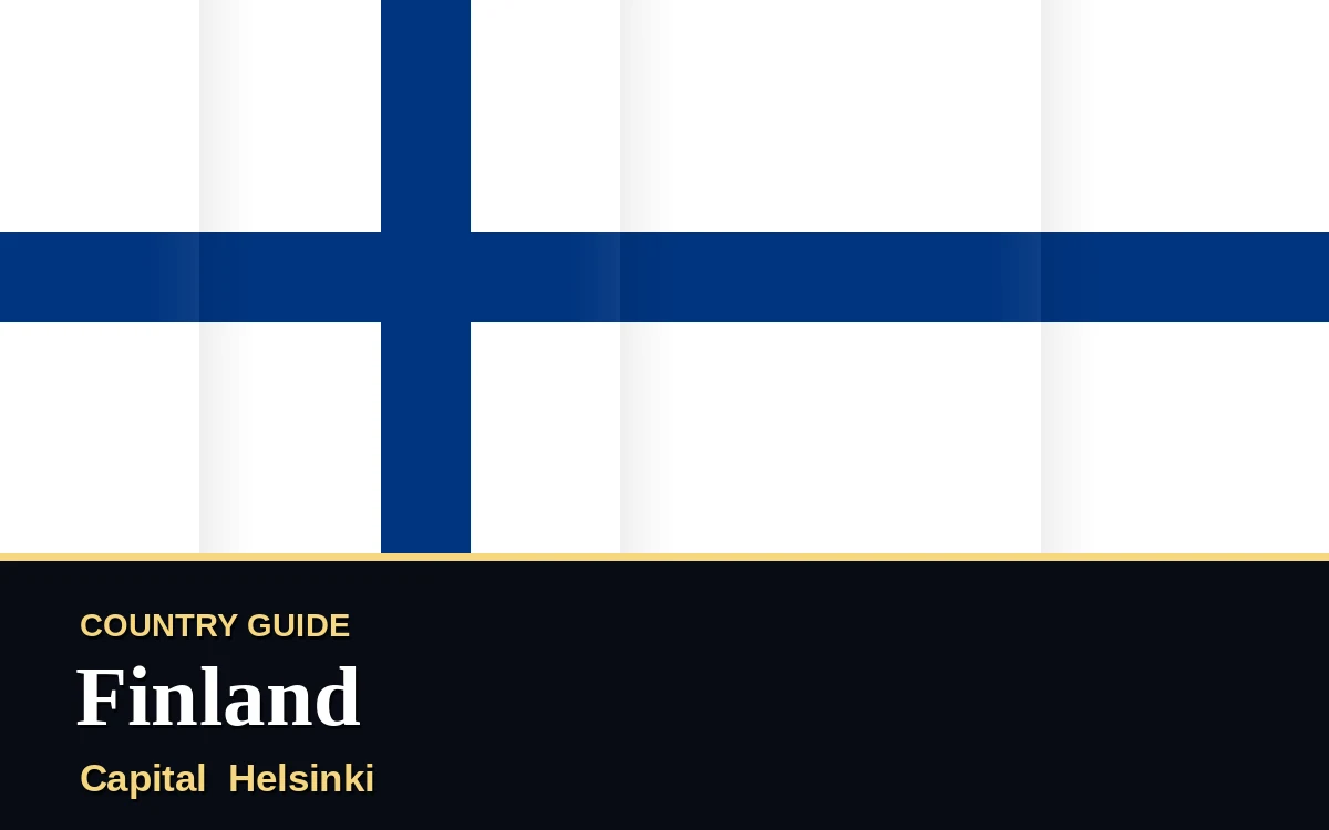 Original Finland country guide poster with capital Helsinki, Independence Day on Sunday, 6 December 2026, colours blue and white