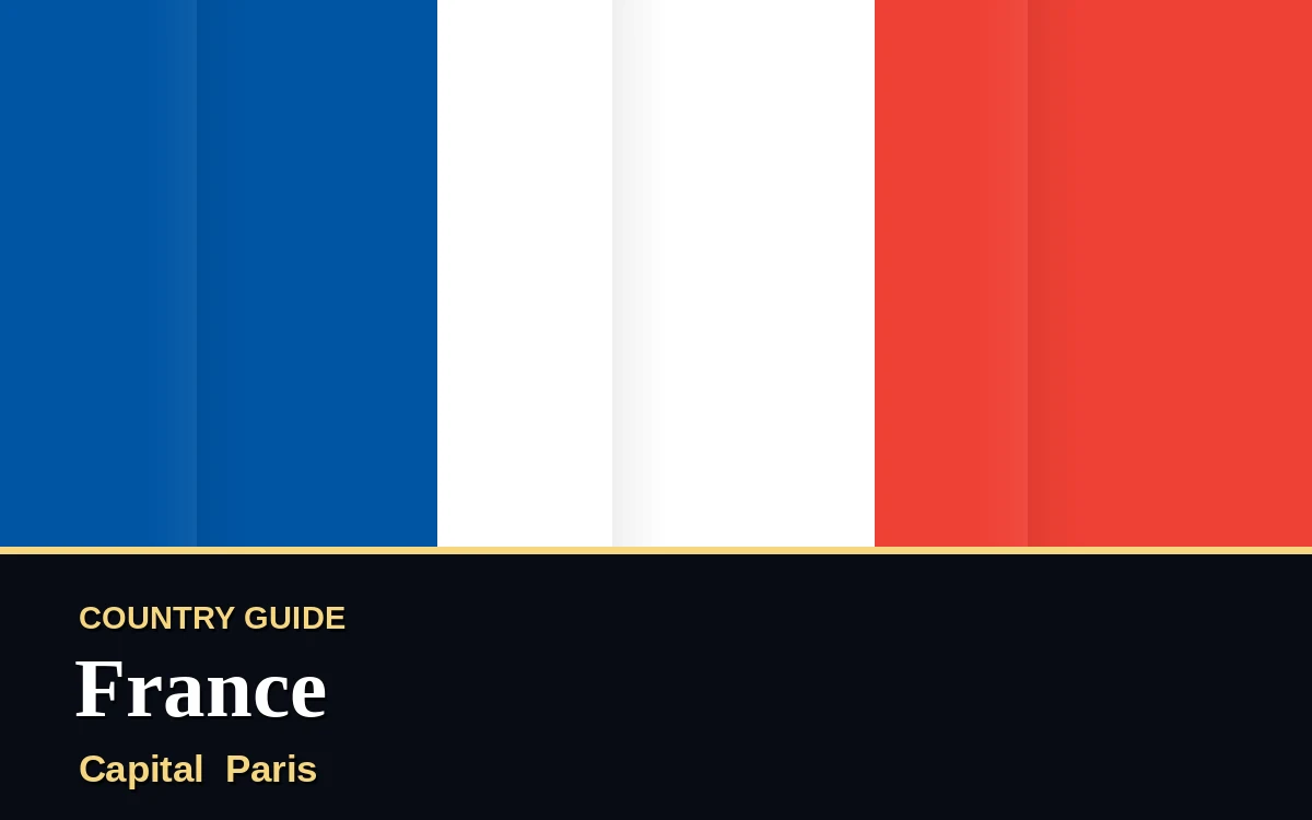 Original France country guide poster with capital Paris, National Day on Wednesday, 14 July 2027, colours blue, white and red